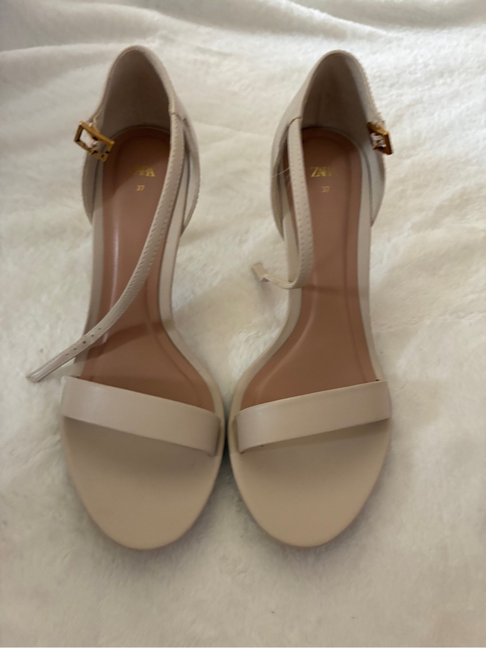 Zara Beige Ankle-Strap Block Heel Sandals